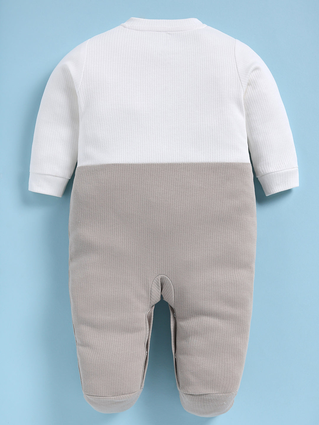 Full Sleeve Romper for Boys – Light Grey Ribbed Embroidered