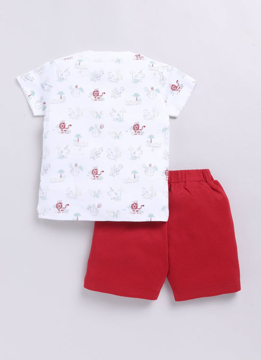 Playful Animal Printed Half T Shirt & Short set for Baby Boy-Red
