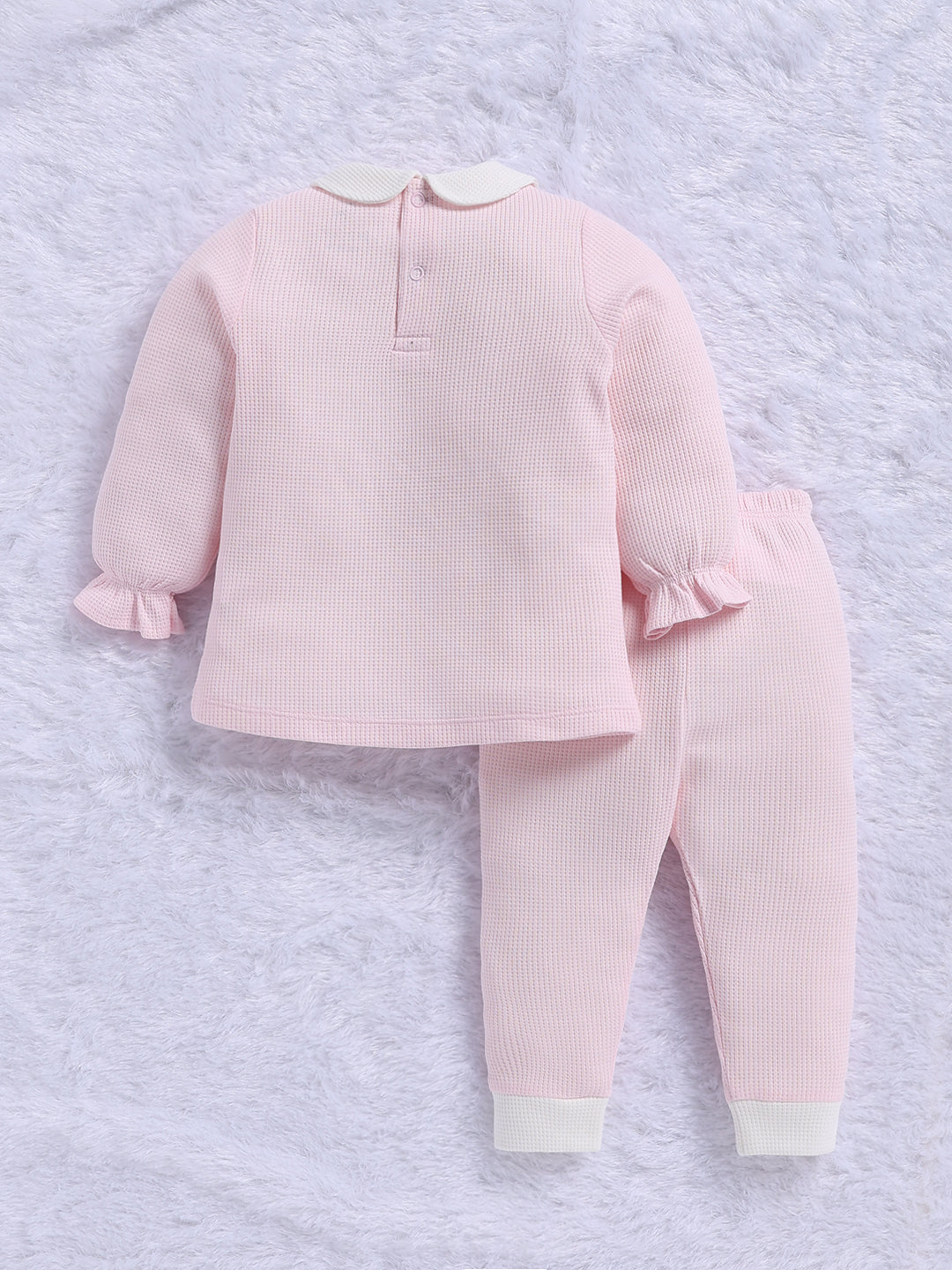 Top & Bottom for Girls - Pink Bunny Embroidered Waffle Top & Trousers Set