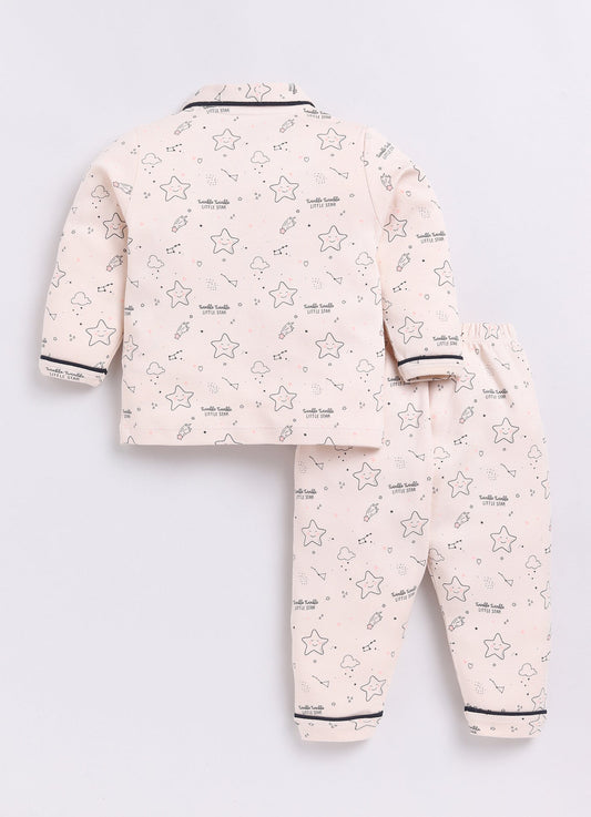 Cute Baby Girl Stars Printed Night Suit-BEIGE