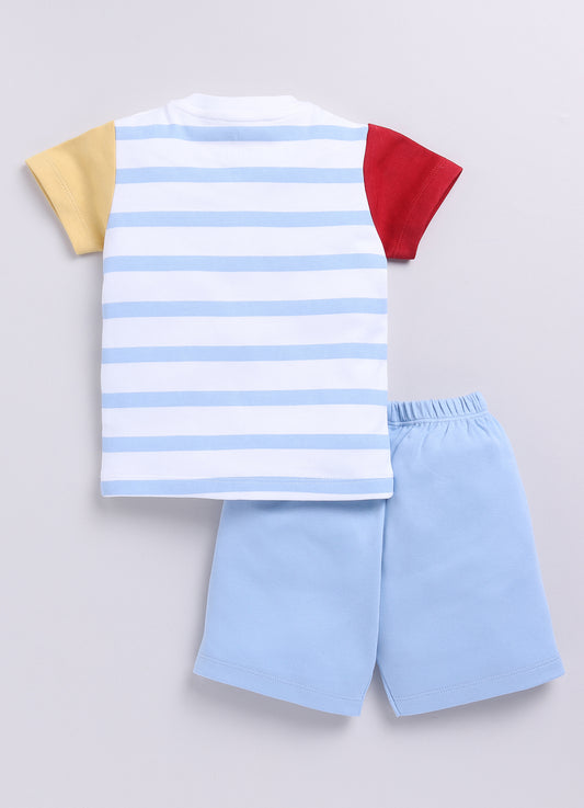 Multi Color Striped Baby Boy Half T Shirt & Short Set-Blue