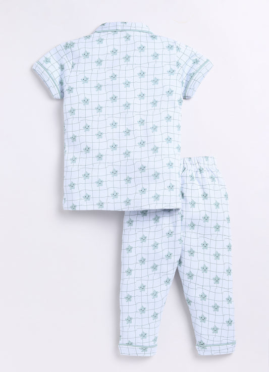 Baby Star Printed Half Sleeves Boy Night Suit-SEA GREEN