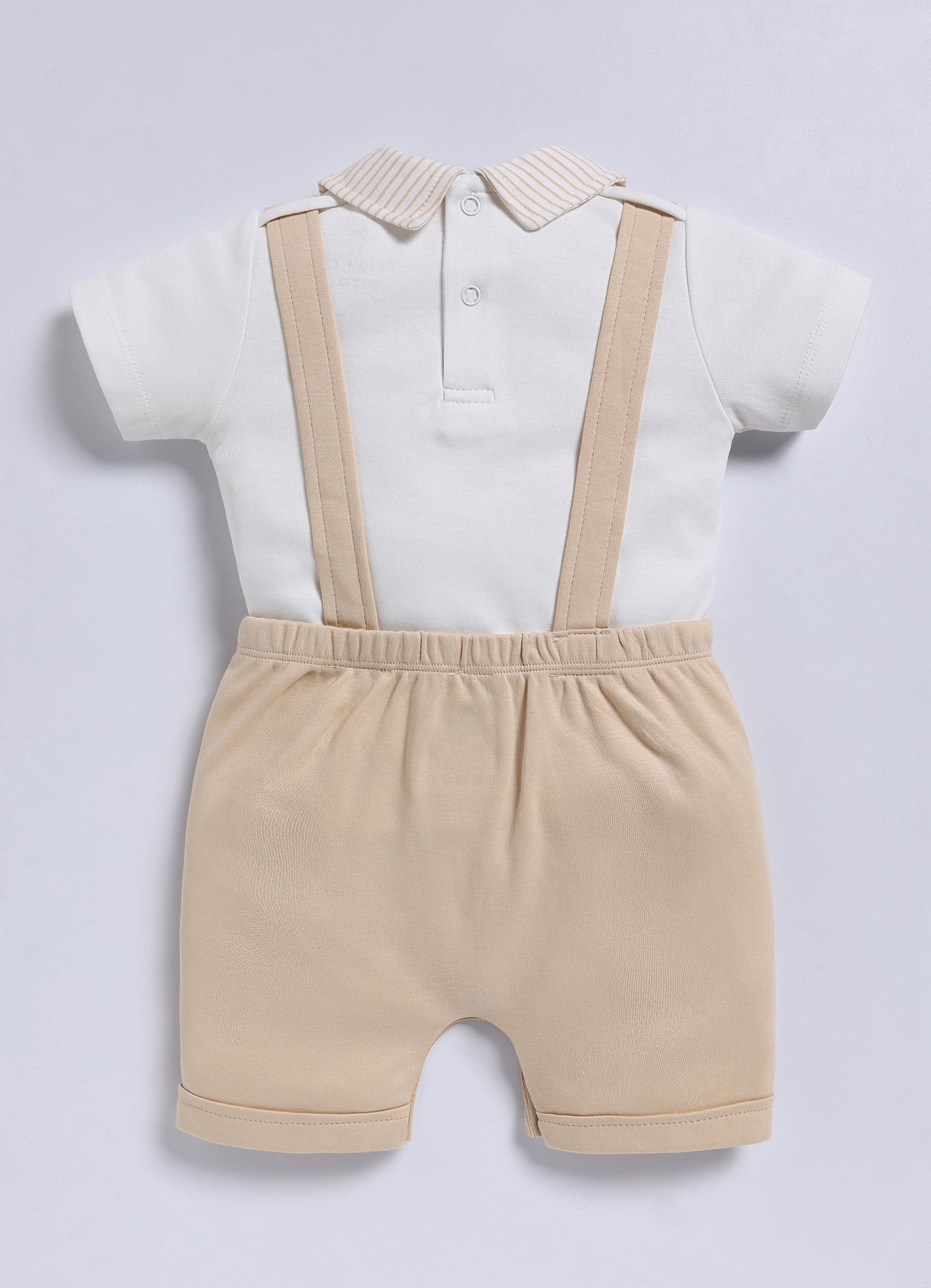 Half Sleeve Dungaree for Boys - Beige Striped Collar