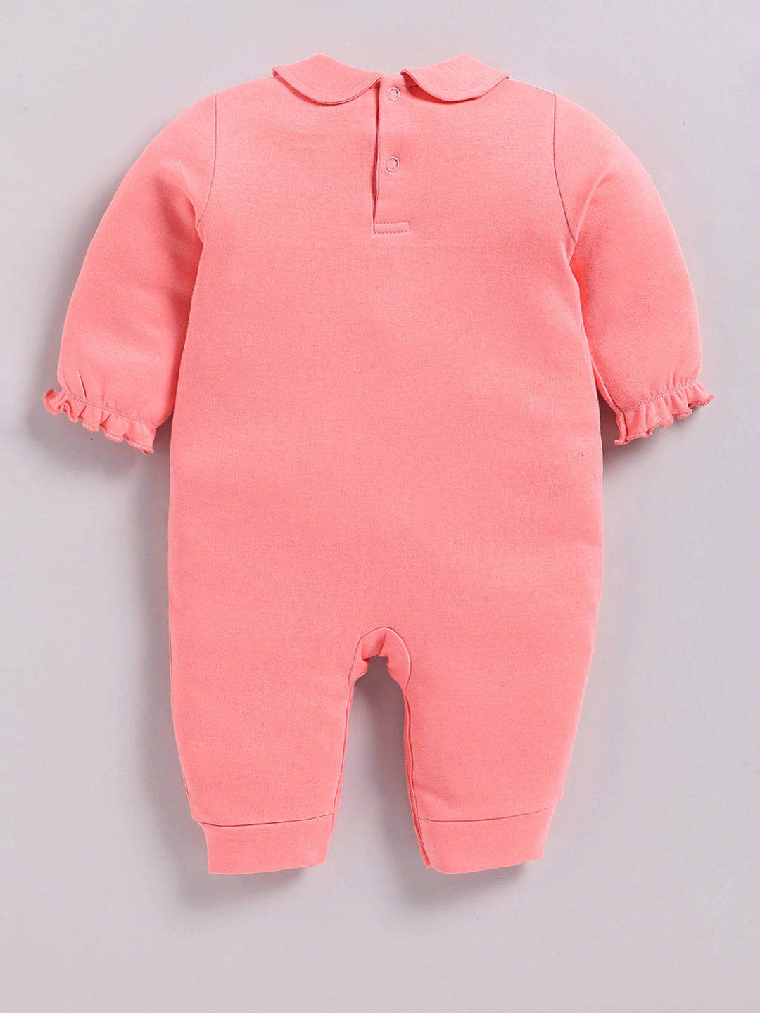 Full Sleeve Romper for Girls – Coral Pink Teddy Bear & Bow Embroidered