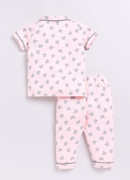 Bear Printed Baby Girl Half Sleeves Night Suit-PINK