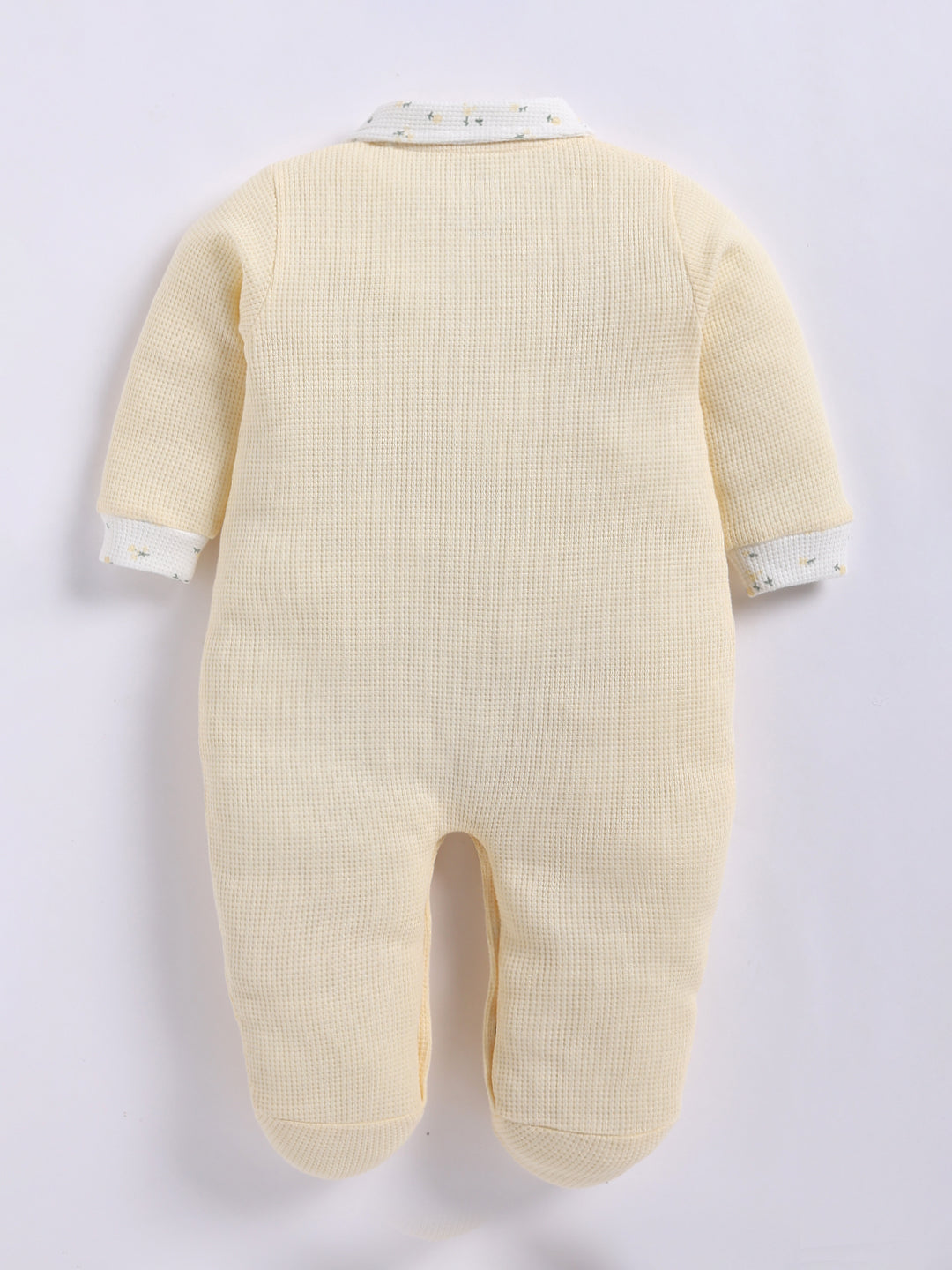Full Sleeve Romper for Girls – Cream Floral Collar Ribbed Waffle
