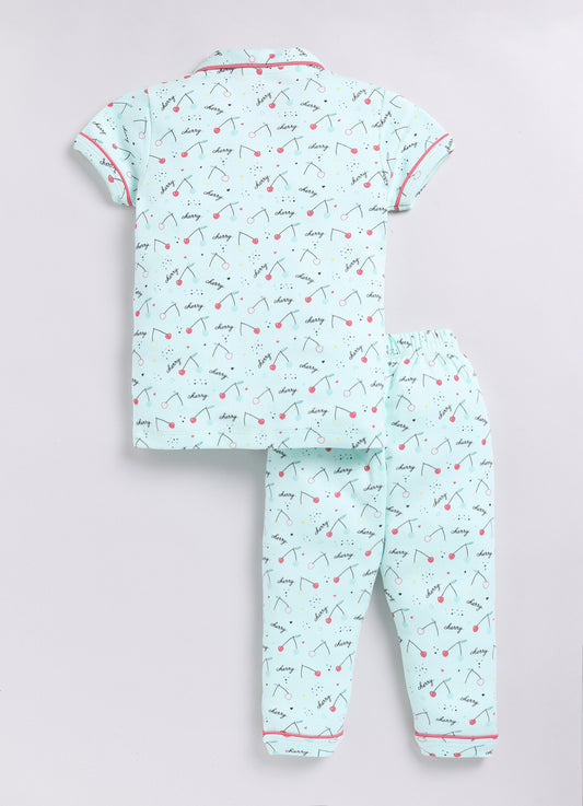 Cherry Prined & Comfy Half Sleeve Girl Night Suit-PISTA GREEN