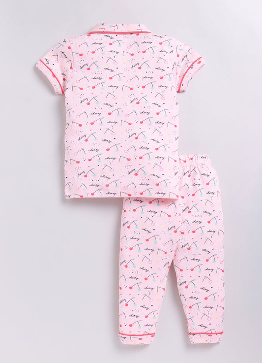 Cherry Prined & Comfy Half Sleeve Girl Night Suit-PINK