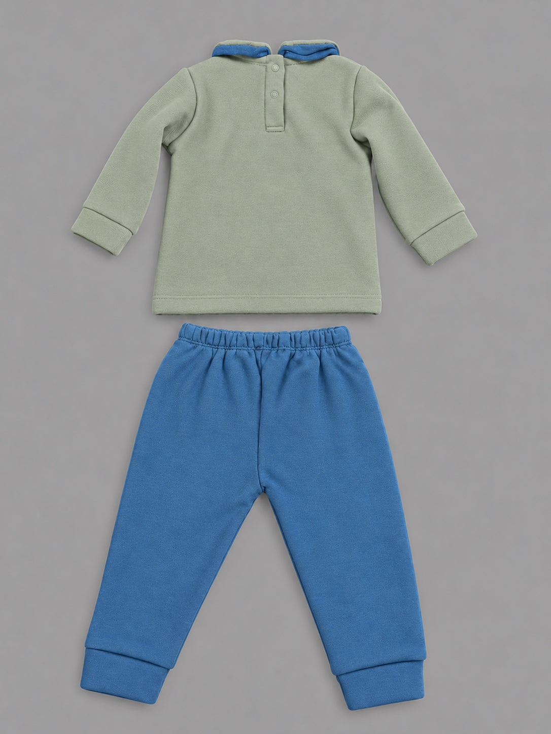 Happy Family Bear Embroidered Collared Full Sleeve Top and Bottom for Boys - Sage & Blue