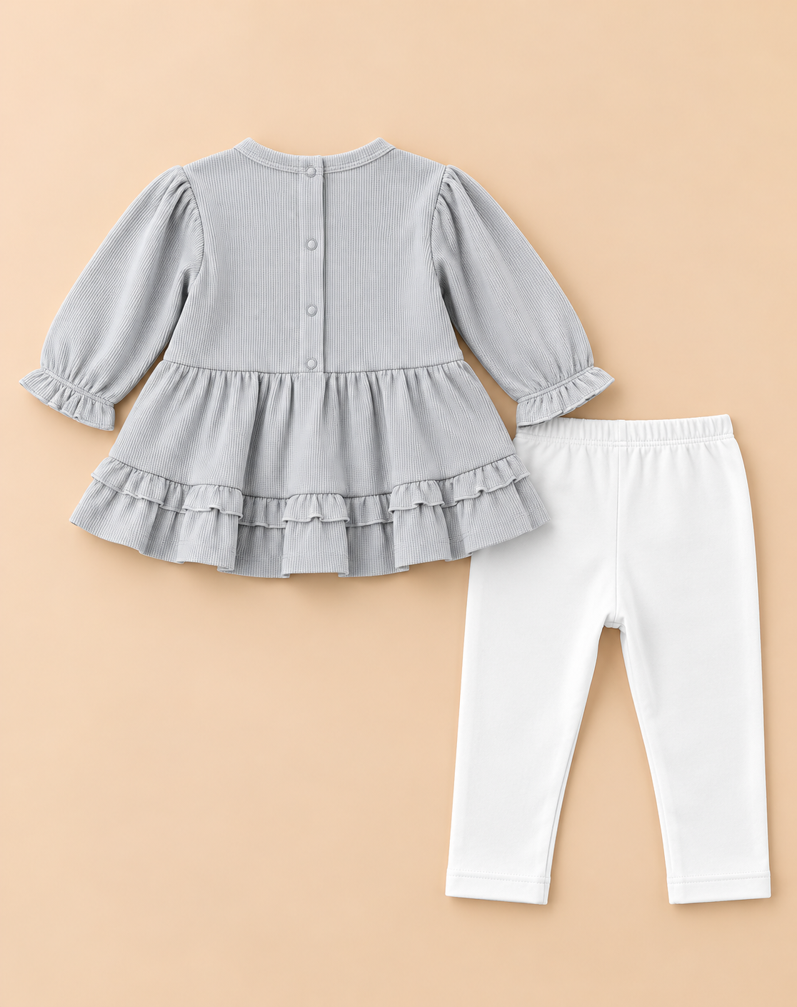 Charming Chicks Tiered Ruffled Ribbed Full Sleeve Top and Bottom for Girls - Light Grey & White