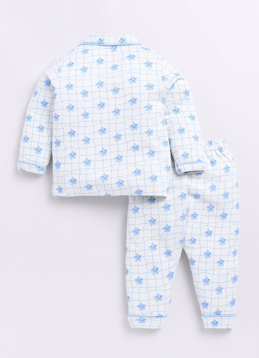 Cute Star Fish Printed Baby Boy Full Sleeve Night Suit-WHITE