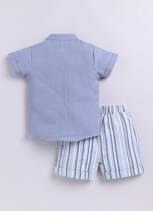 Baby Boy Solid T Shirt & Striped Short-BLUE