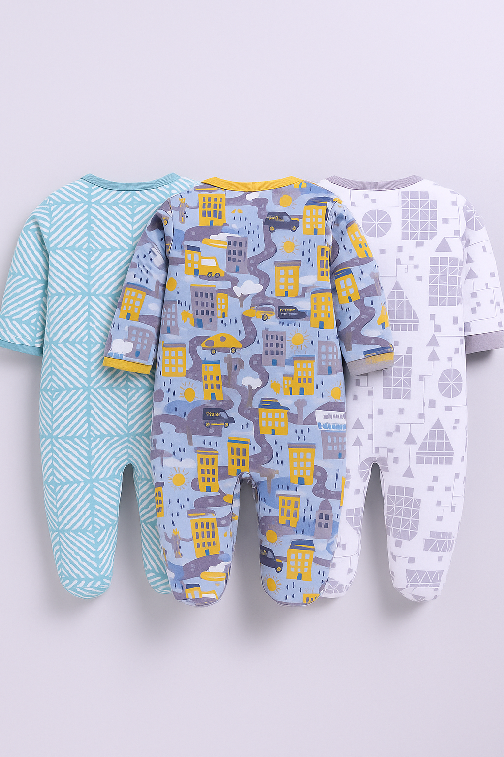 Full Sleeve Romper for Boys - Sea Green & Yellow & Off-White