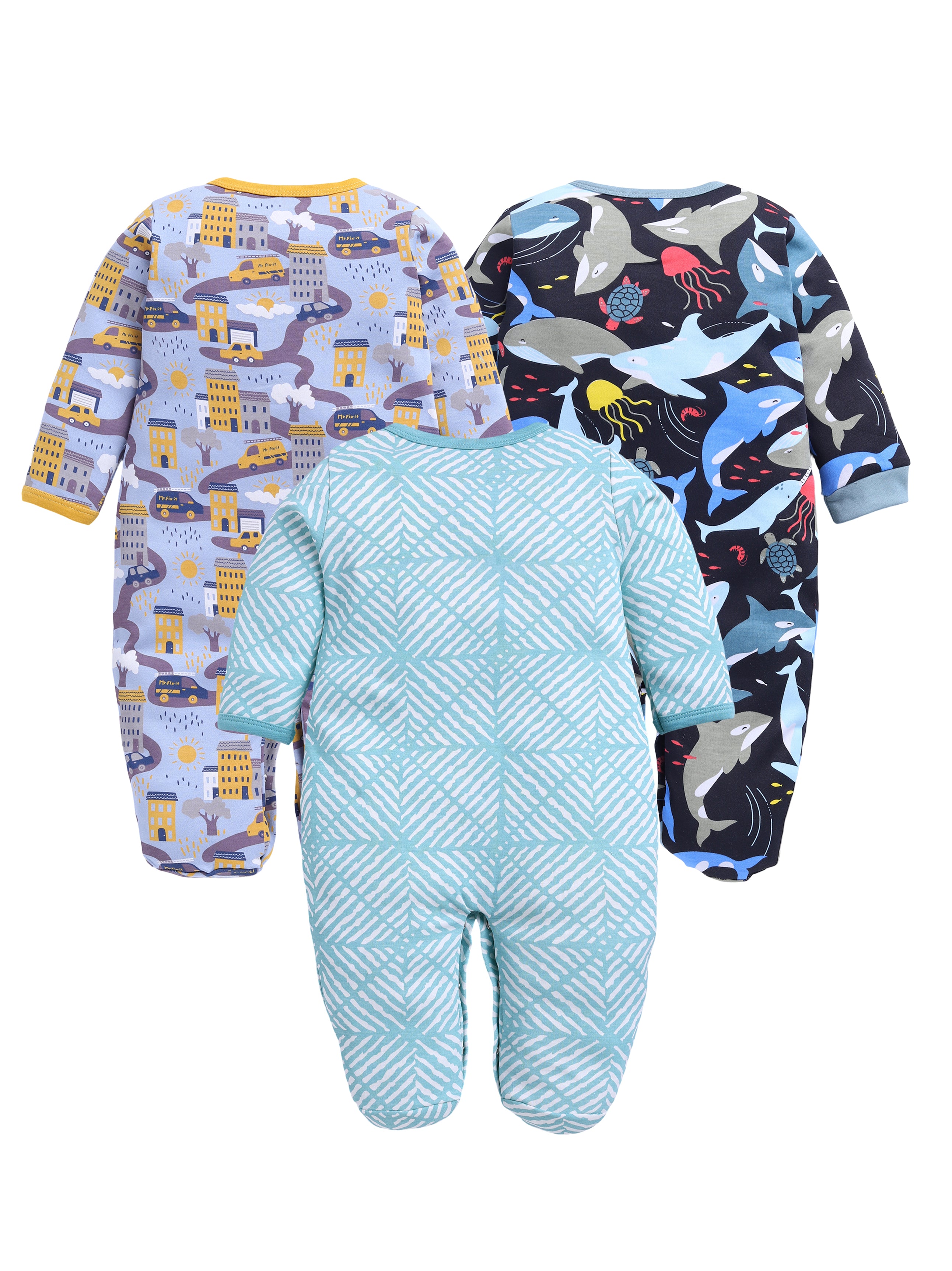 Full Sleeve Romper for Boys - Sea Green & Yellow & Navy