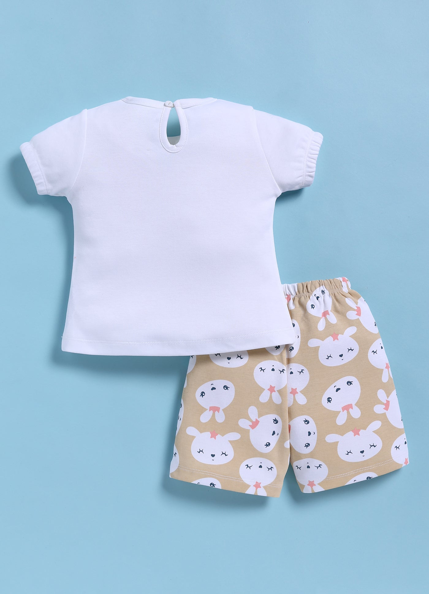 Half-Sleeve Top & Bottom For Girls - Beige Happy Bunny