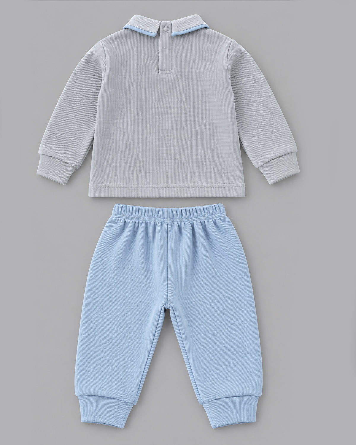 Double Teddy Embroidered Collared Waffle Knit Full Sleeve Top and Bottom for Boys - Grey & Sky Blue