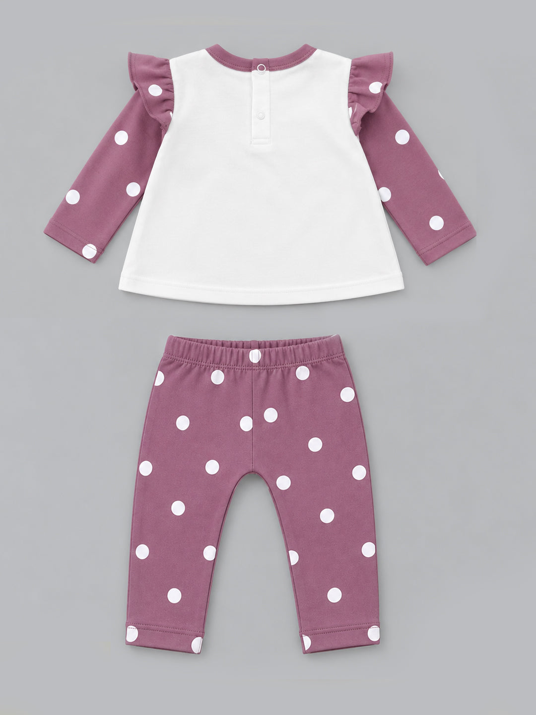 Cherry Embroidered Ruffled Polka Dot Full Sleeve Top and Bottom for Girls - Off-White & Mauve