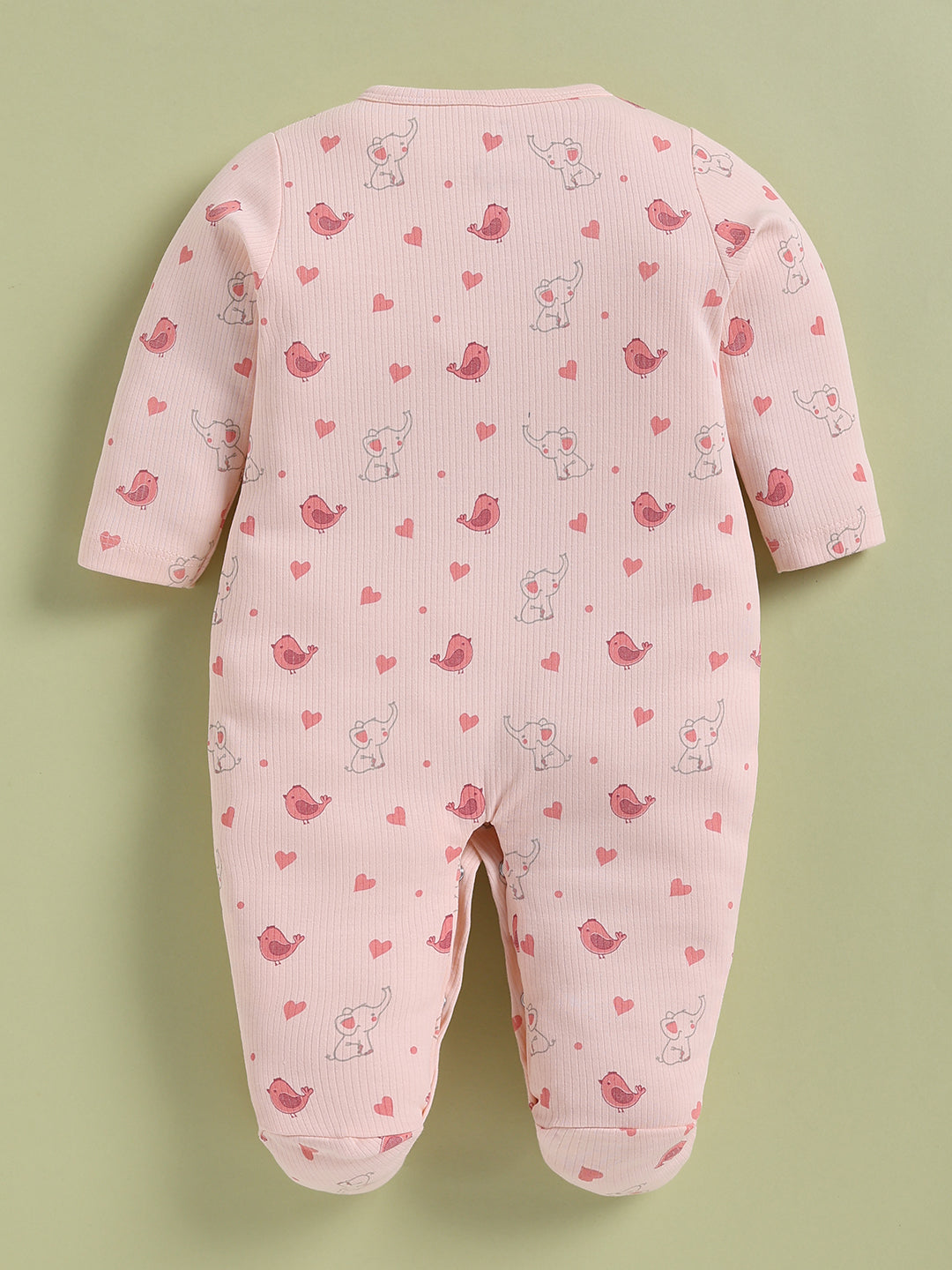 Full Sleeve Romper for Girls – Baby Pink Elephant & Bird Printed