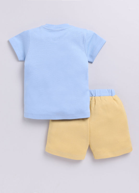 Happy Woof Printed Baby Boy Half T Shirt & Short Set-Blue