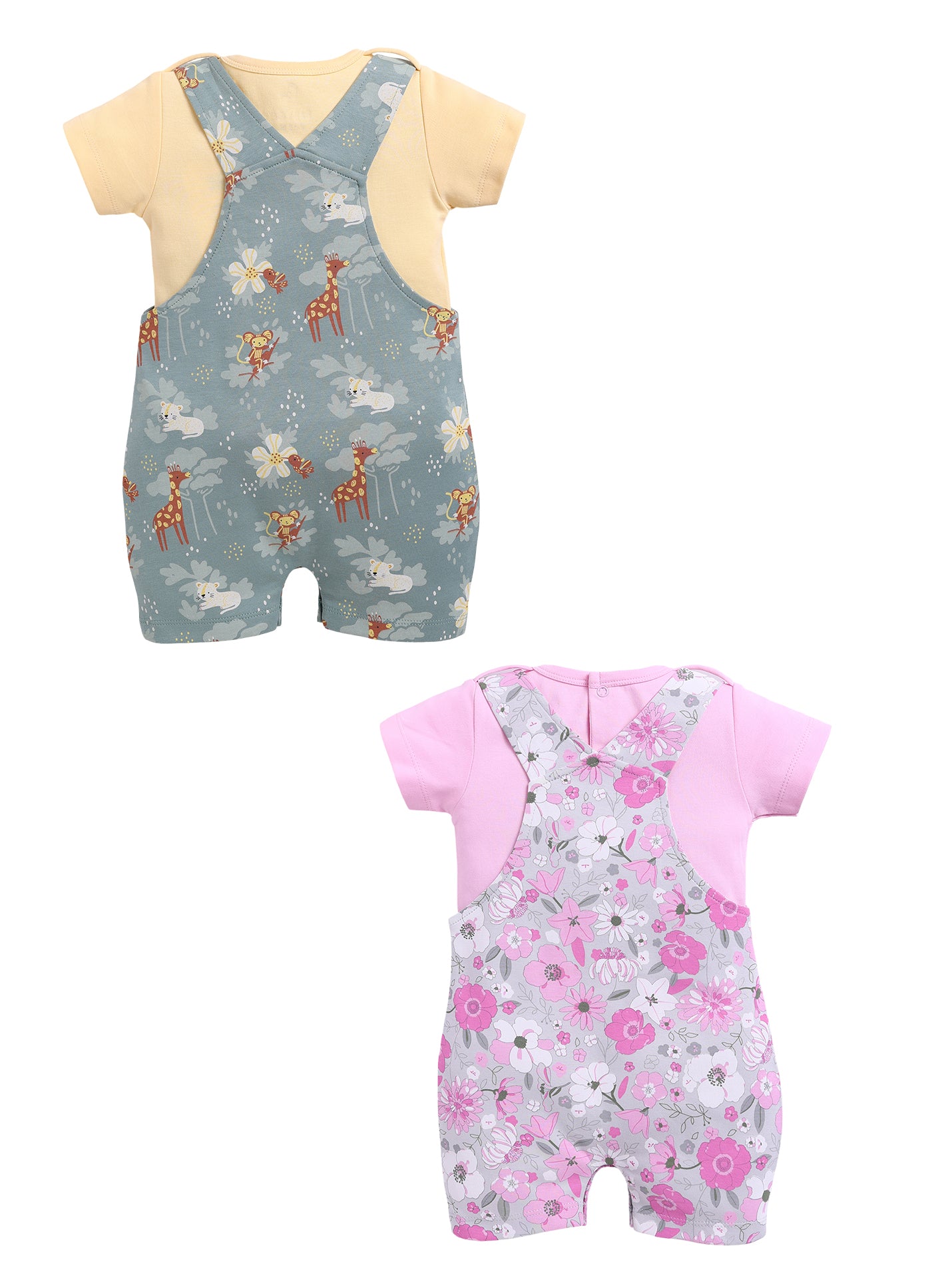 Half Sleeve Dungaree for Girls - Pink & Olive