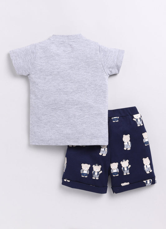 Teddy Bear Printed Baby Boy T Shirt & Short Set-White
