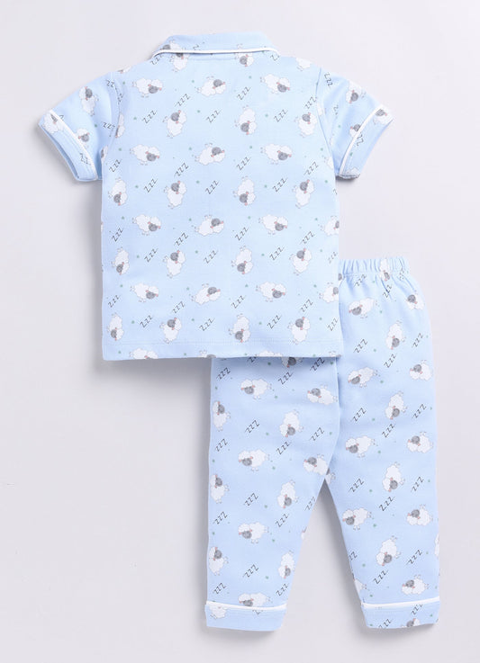 Sheep Print Baby Boy Half Sleeves Night Suit-SKY