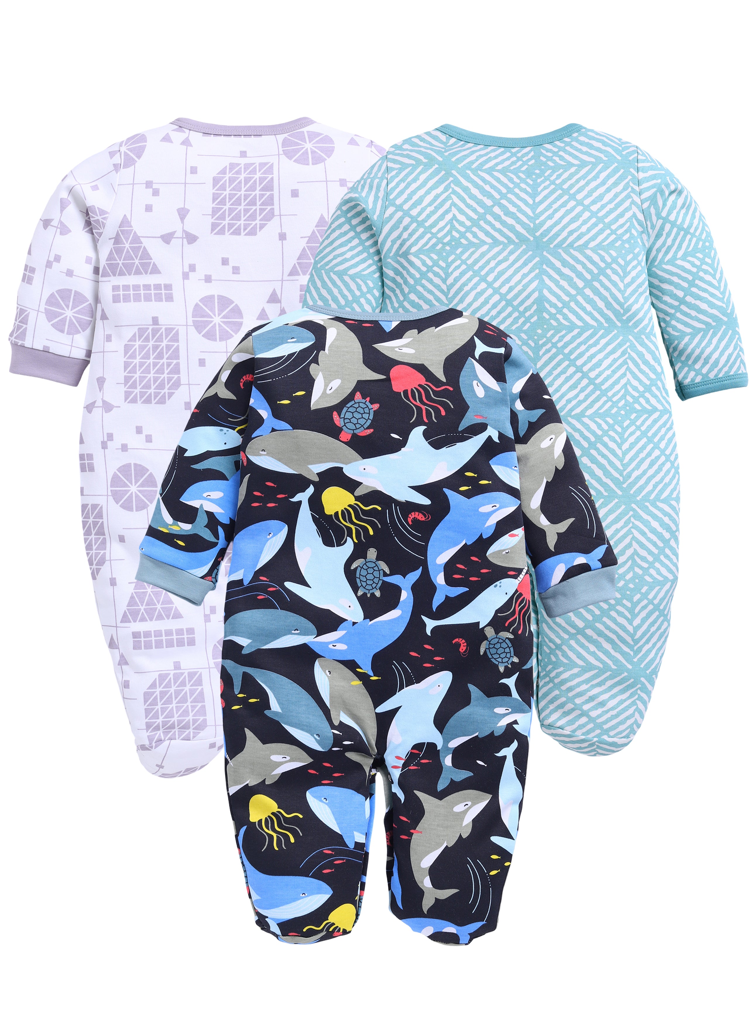 Full Sleeve Romper for Boys - Sea Green & Off-White & Navy