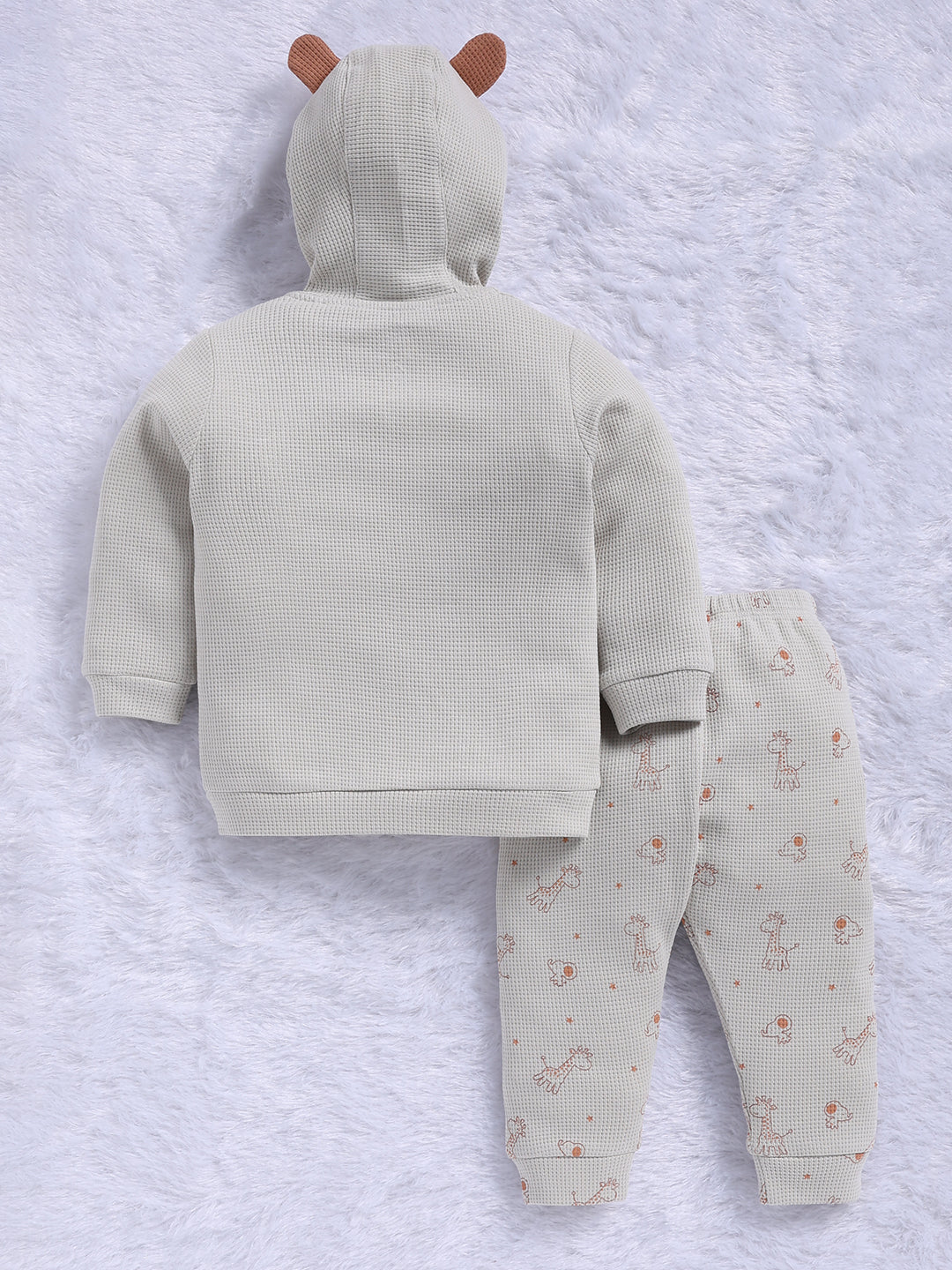 Top & Bottom for Boys - Cream Beige Giraffe Waffle-Knit Hoodie & Pants Set