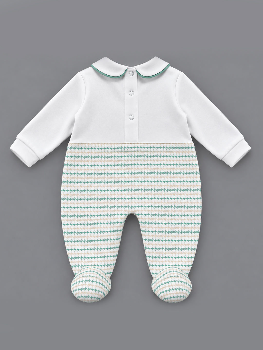 Classic Houndstooth Collared Footed Full Sleeve Romper for Boys - White & Beige