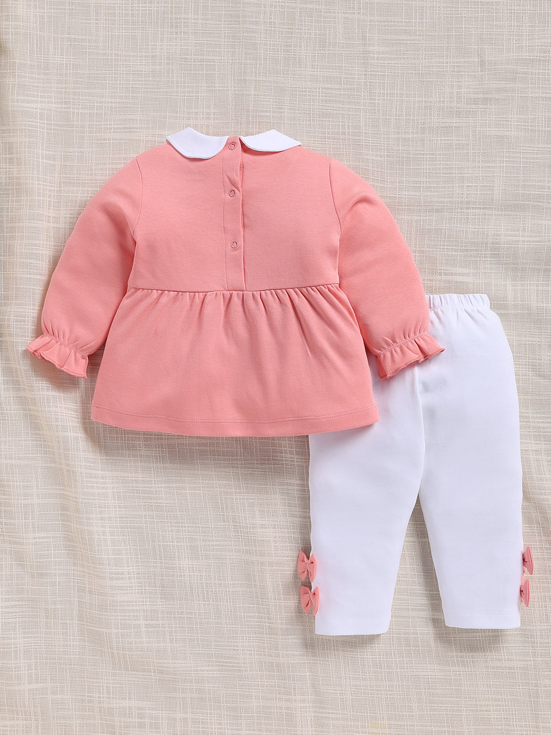 Top & Bottom for Girls - Coral Pink Embroidered Collar Peplum
