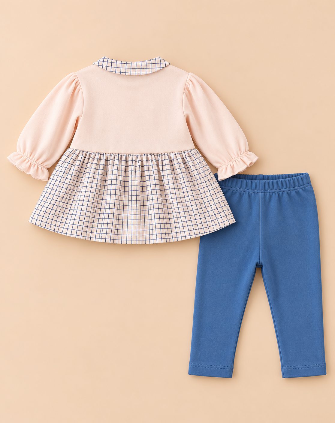 Grid Printed Collared Fleece-Lined Full Sleeve Top and Bottom for Girls - Light Pink & Blue