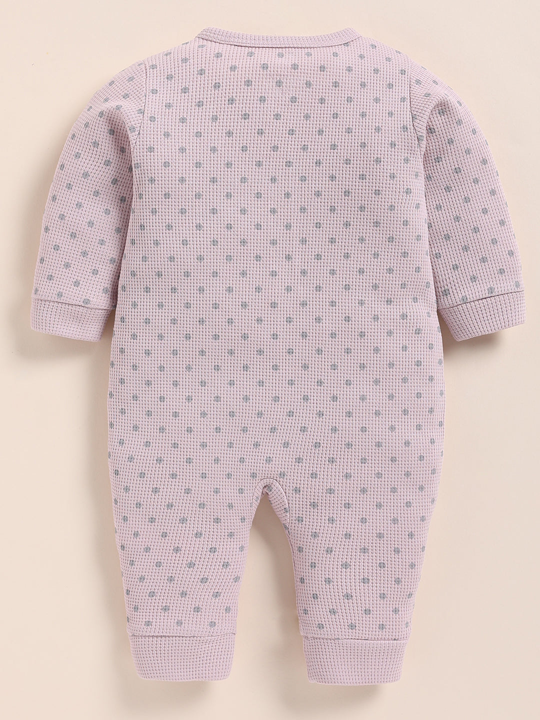 Full Sleeve Romper for Girls – Mauve Pink Waffle-Knit Polka Dot
