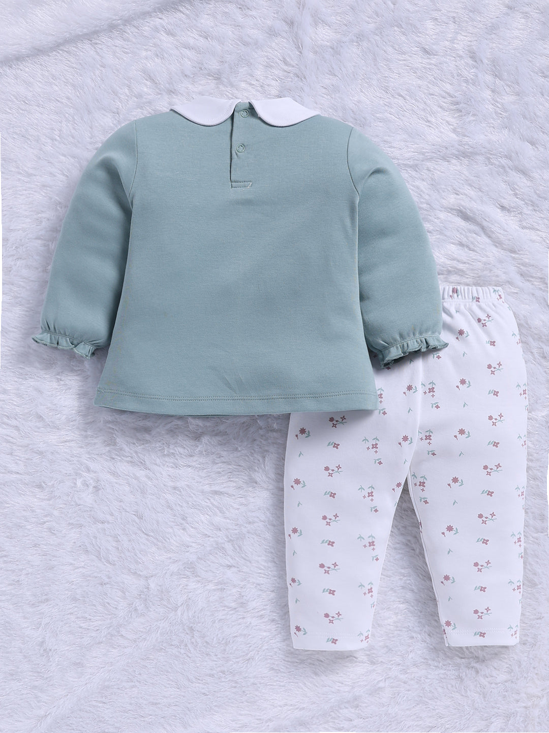 Top & Bottom for Girls - Mint Green Animal Embroidered Top & Floral Trousers Set