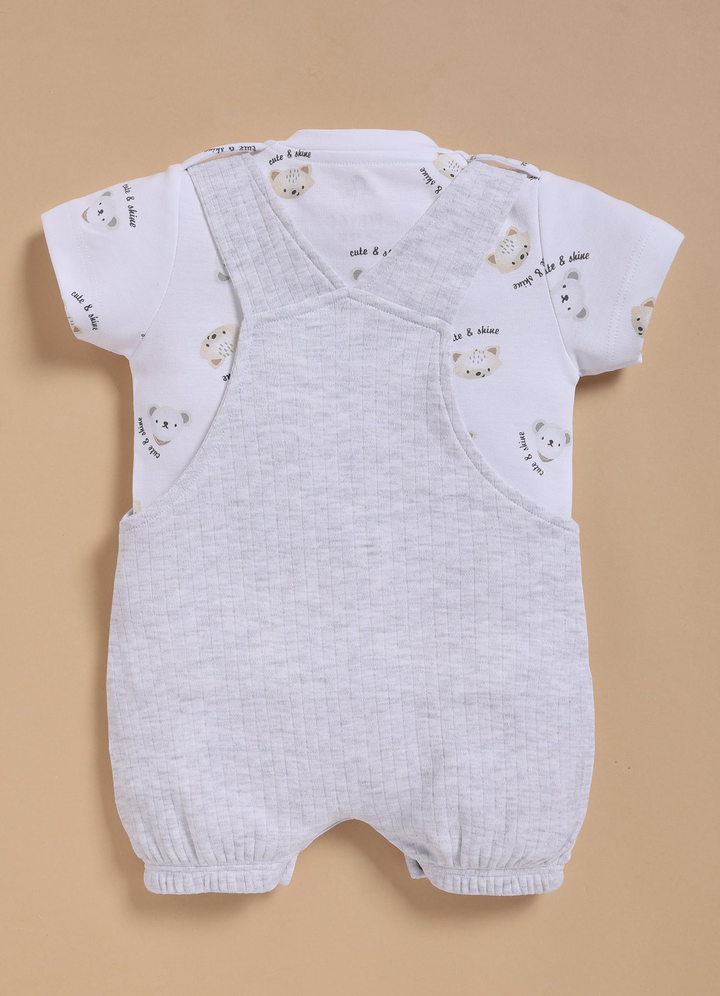 Half Sleeve Dungaree for Boys – White Melange Cute & Shine Bear