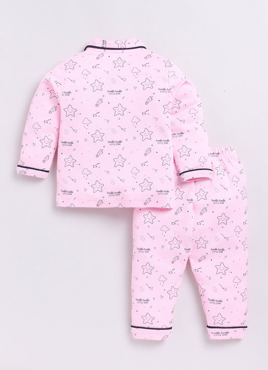 Cute Baby Girl Stars Printed Night Suit-PINK