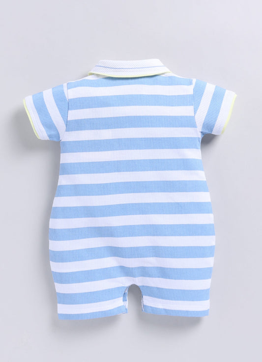 Short Sleeve Striped Polo Baby Boy Romper-Blue