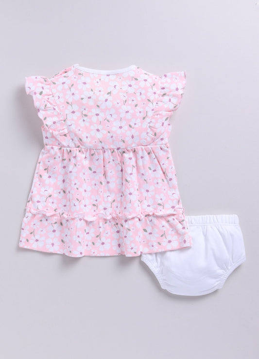 Baby Girl Floral Print Ruffle Sleeve Dress & Panty Set-PINK