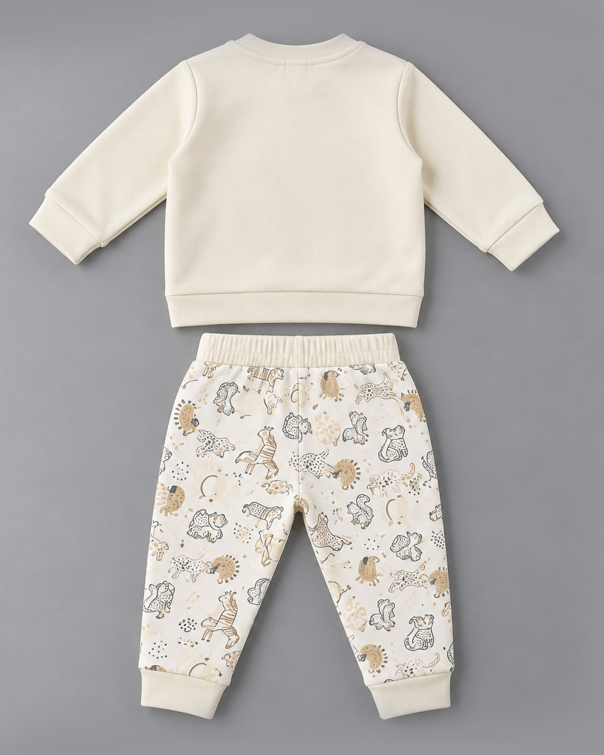 Little Roar Animal Printed Fleece-Lined Knee-Patched Full Sleeve Top and Bottom for Boys - Off-White & Beige