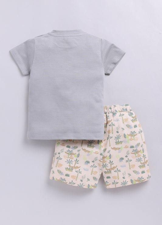 Baby Boy Happy Crocodile Printed Half T Shirt & Short Playdate Outfit-Beige