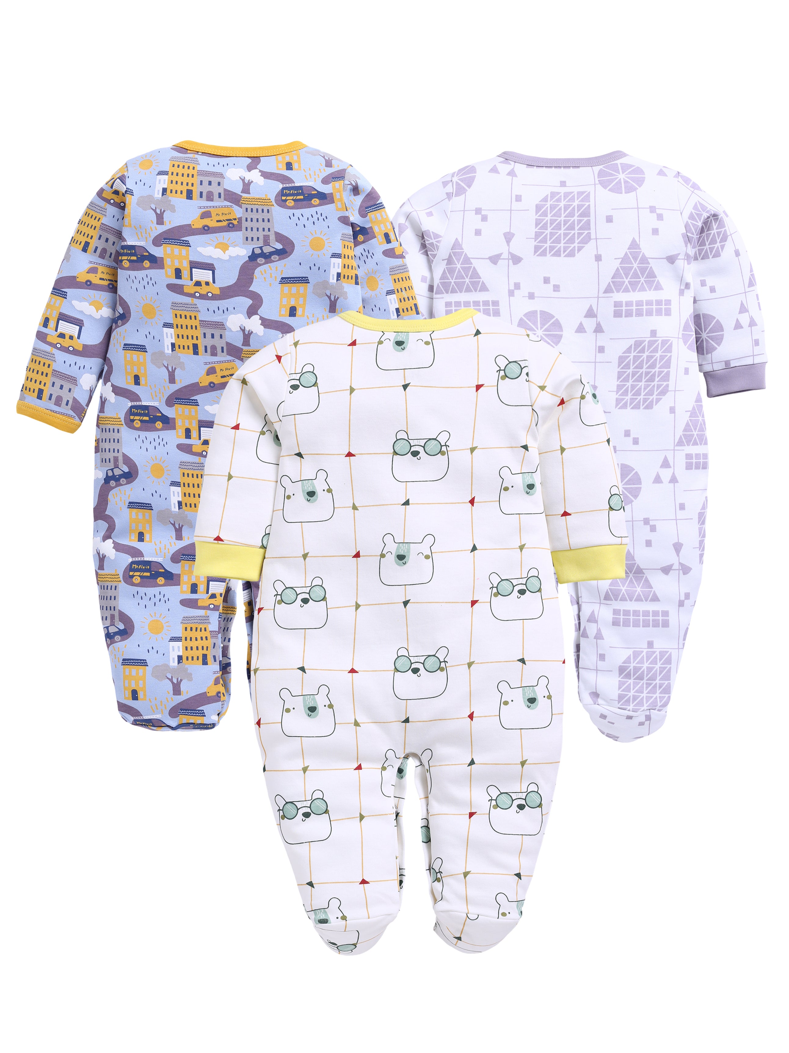 Full Sleeve Romper for Boys - Yellow & Off-White & Green