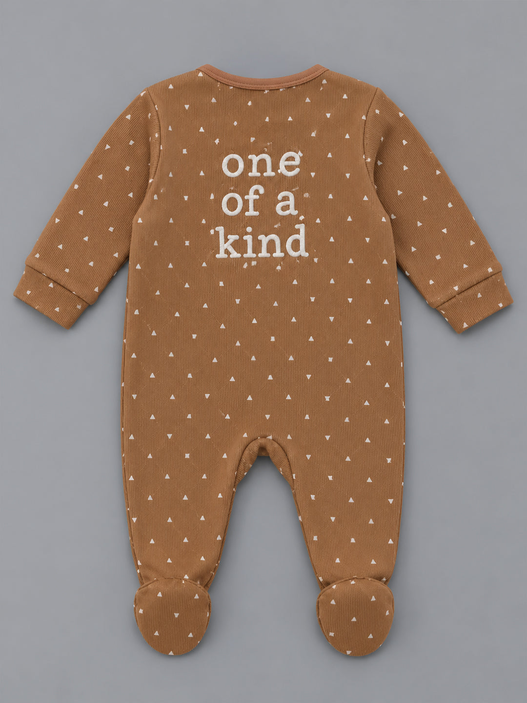 One of a Kind Geometric Printed Fleece-Lined Full Sleeve Romper for Boys - Warm Brown