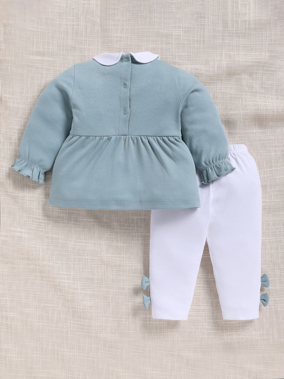 Top & Bottom for Girls - Dusty Blue Embroidered Collar Peplum Top & Bow-Accent