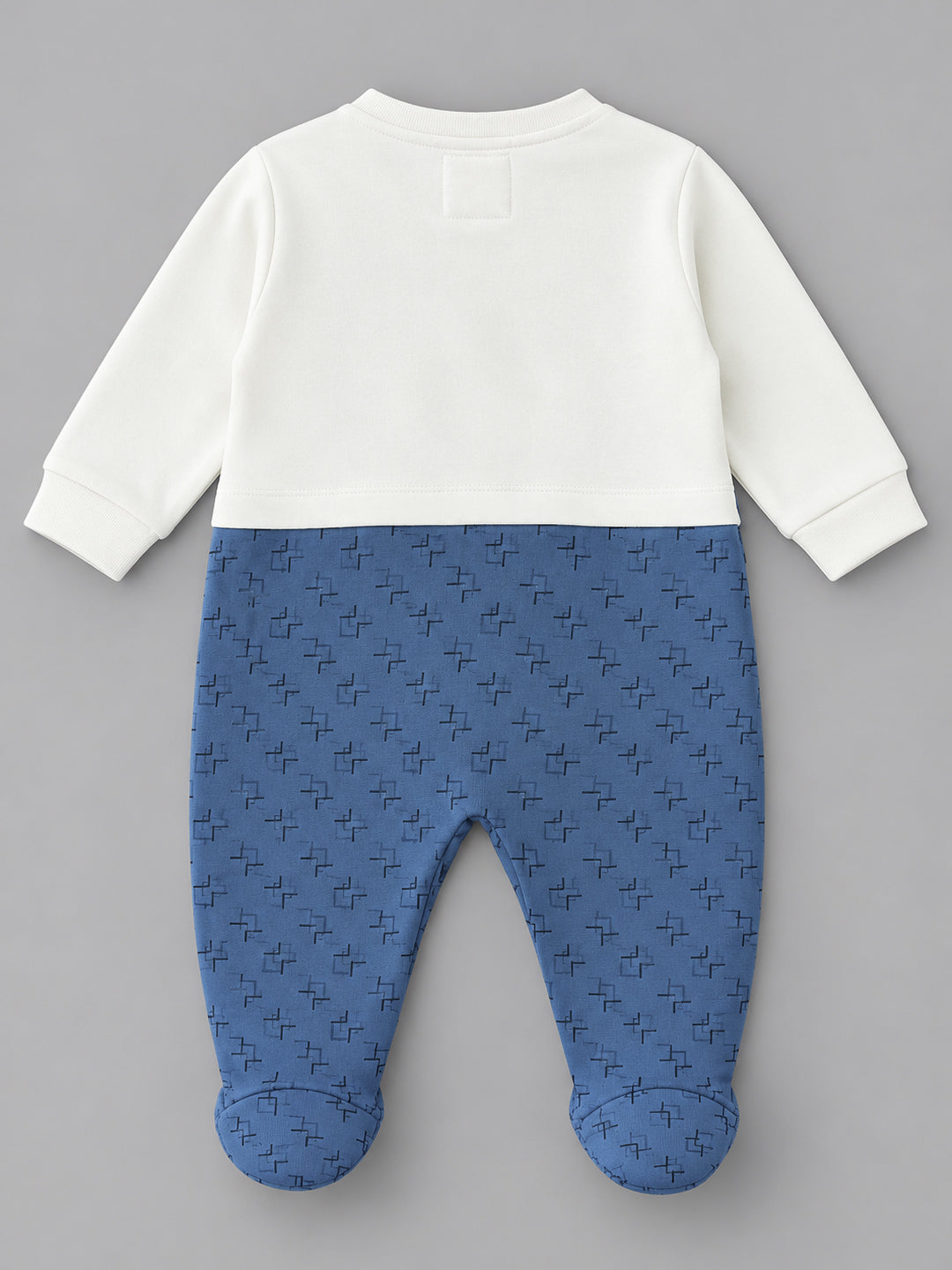 Bear Patterned Footed Full Sleeve Romper for Boys - White & Blue