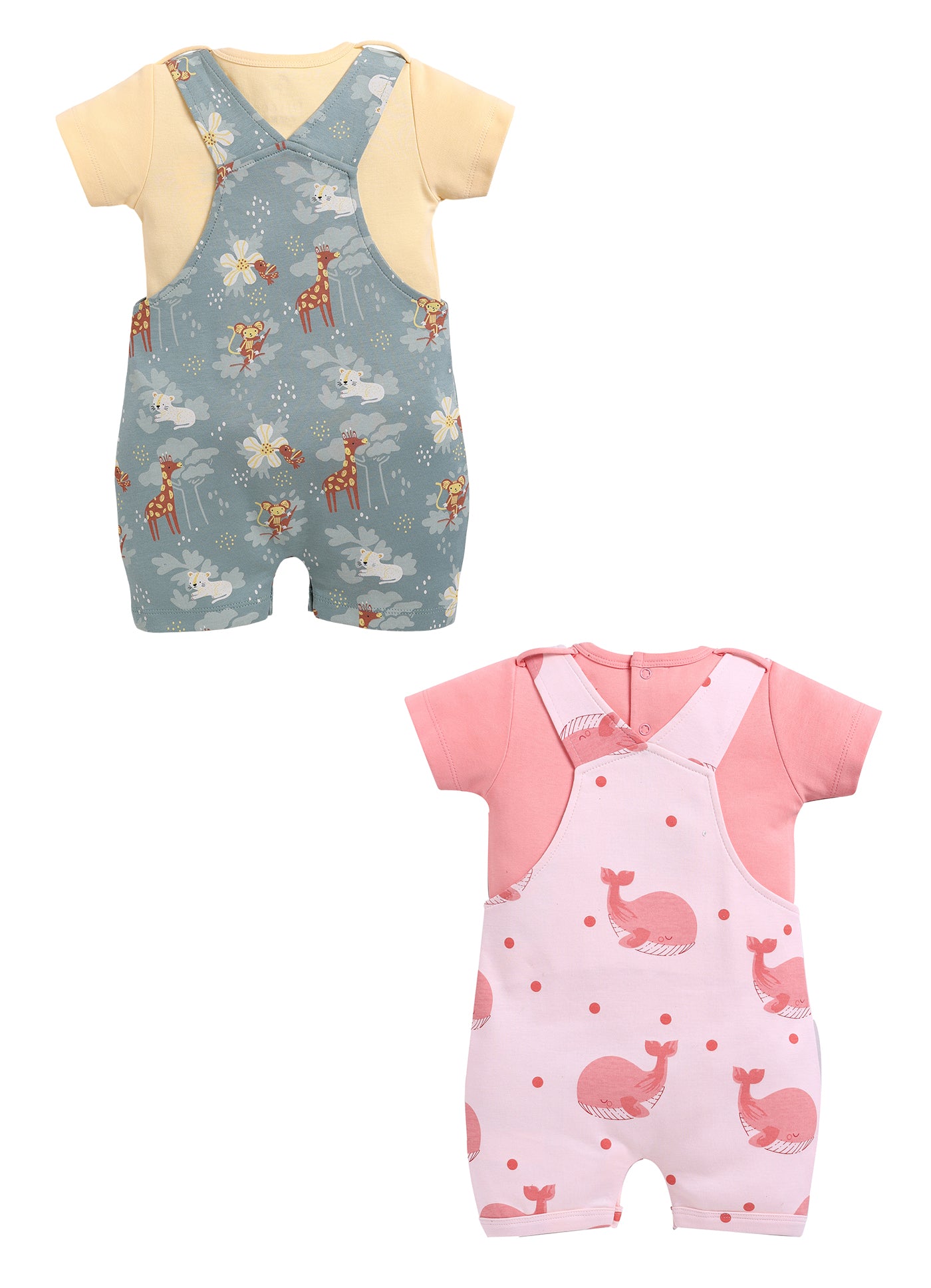 Half Sleeve Dungaree for Girls - Salmon & Olive