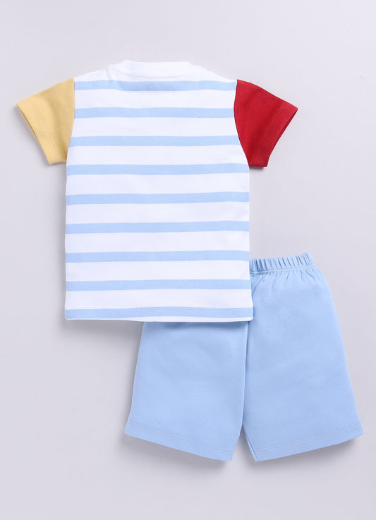 Multi Color Striped Baby Boy Half T Shirt & Short Set-Blue