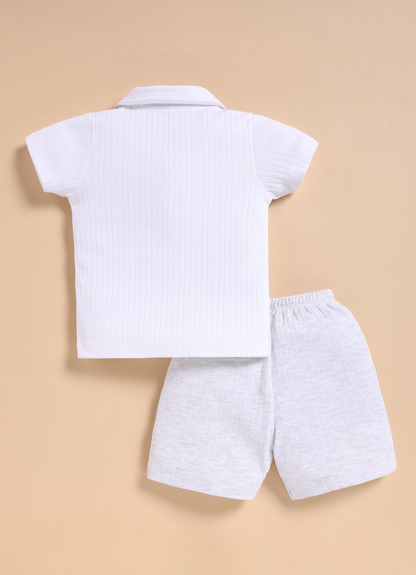 Half-Sleeve Top & Bottom For Boys - White Melange Sweet Teddy