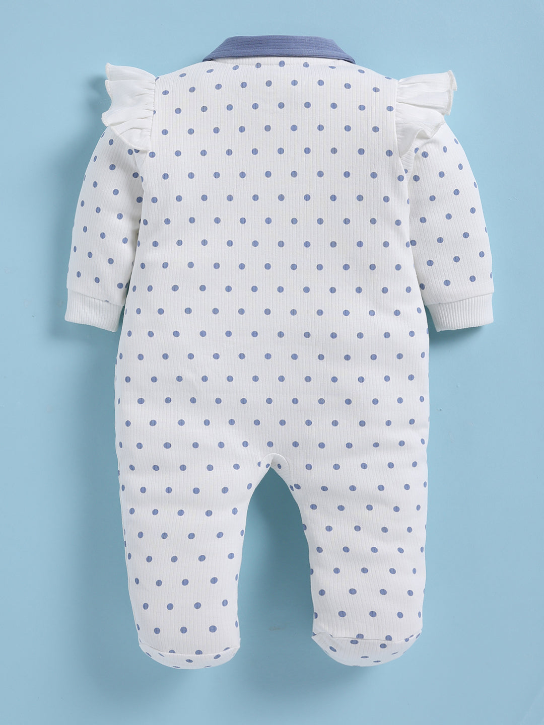 Full Sleeve Romper for Girls – White Bunny Embroidered Polka Dot