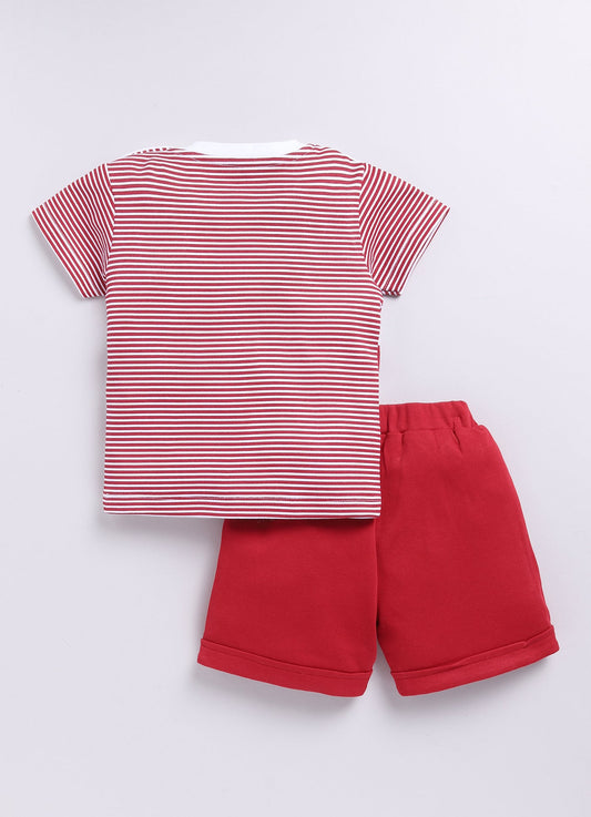 Baby Boy SEA Printed & Nautical Stripes Half T-Shirt and Shorts Set-Red