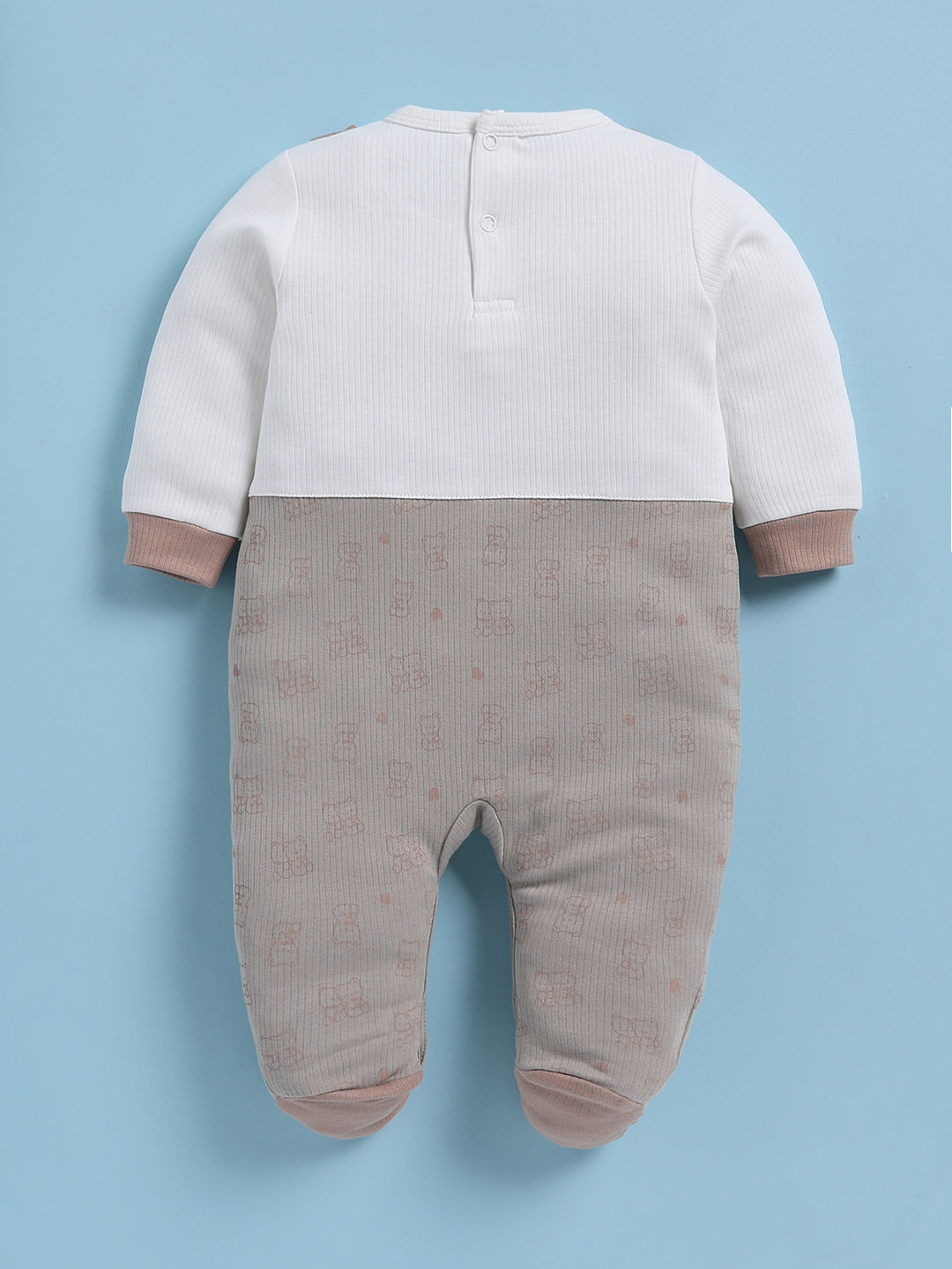 Full Sleeve Romper for Boys – Light Grey Beige Style Ribbed Footie