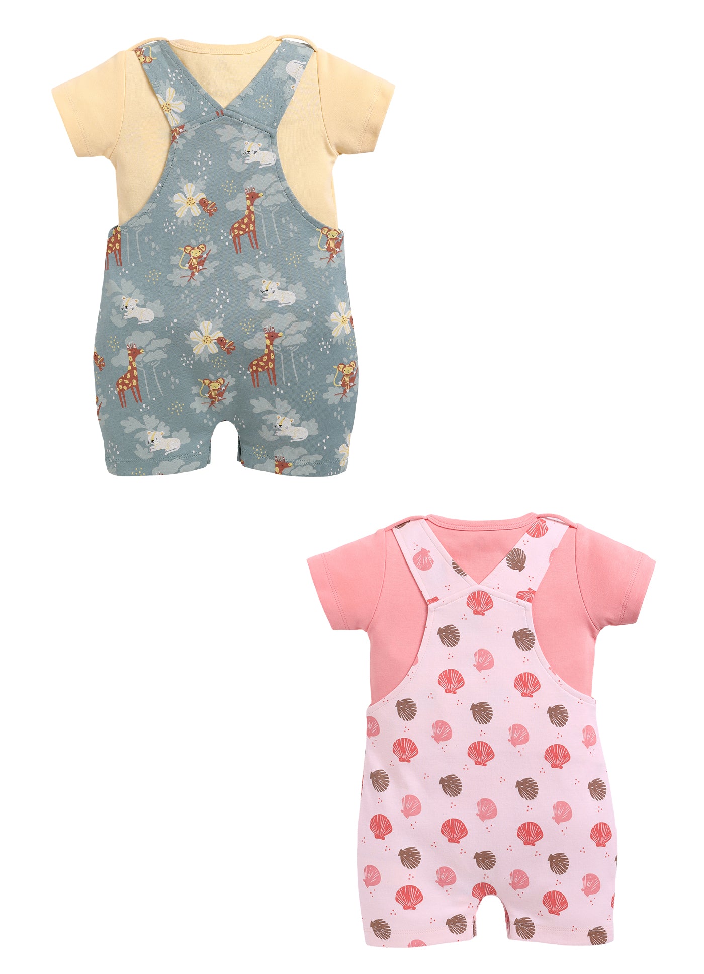 Half Sleeve Dungaree for Girls - Coral & Olive